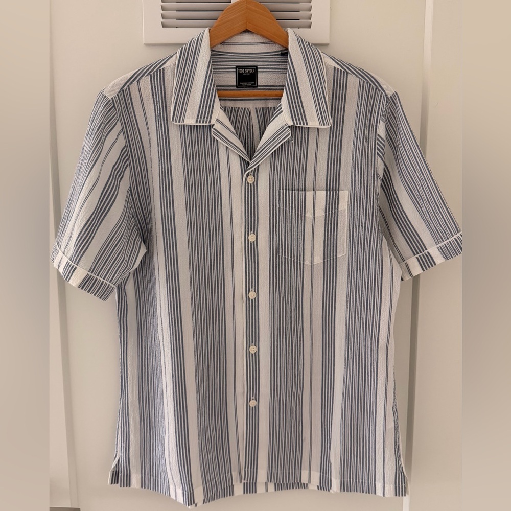 Todd Snyder Navy and White Seersucker Striped Casual Shirt